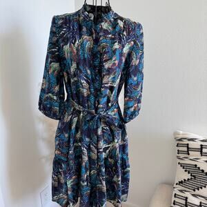 Saloni Midnight Mazarine Tyra Blue Teal Floral Silk Shirt Belted Dress Size 2